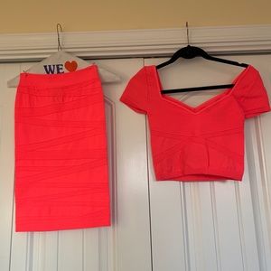 Bebe neon pink bodycon crop top and skirt